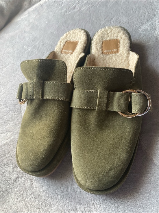 Dolce Vita Shoes - Dolce Vita Olive Green Suede Slip-On Mules with Buckle